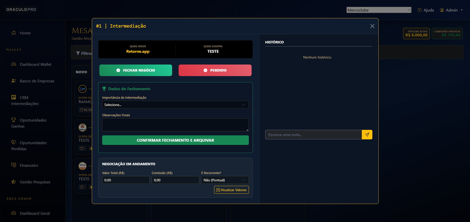 Dashboard Oráculo Pro - Visão Geral